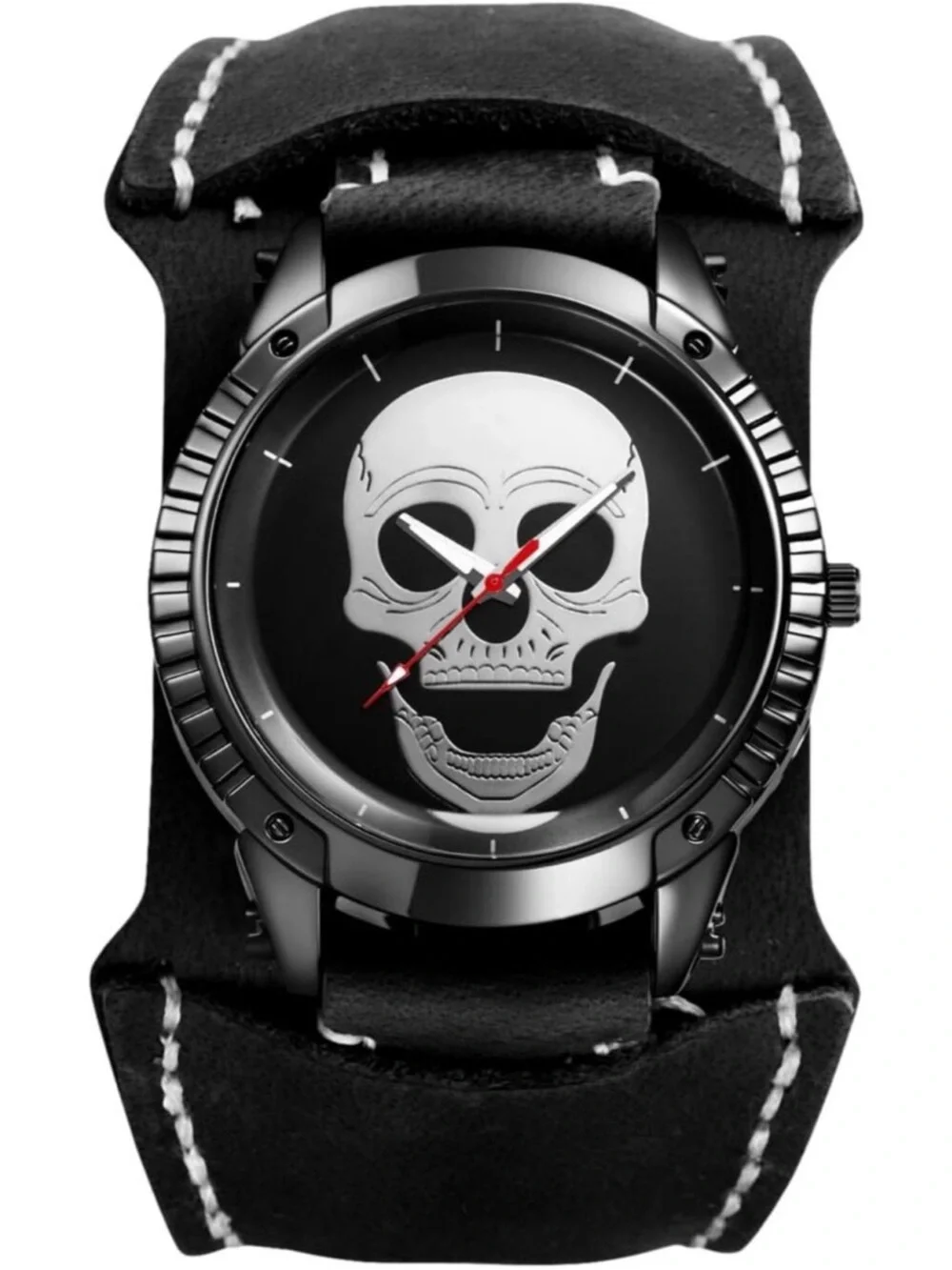Men's Black Analog Quartz Steampunk Leather Gothic Skull Wide Cuff Wrist Watch